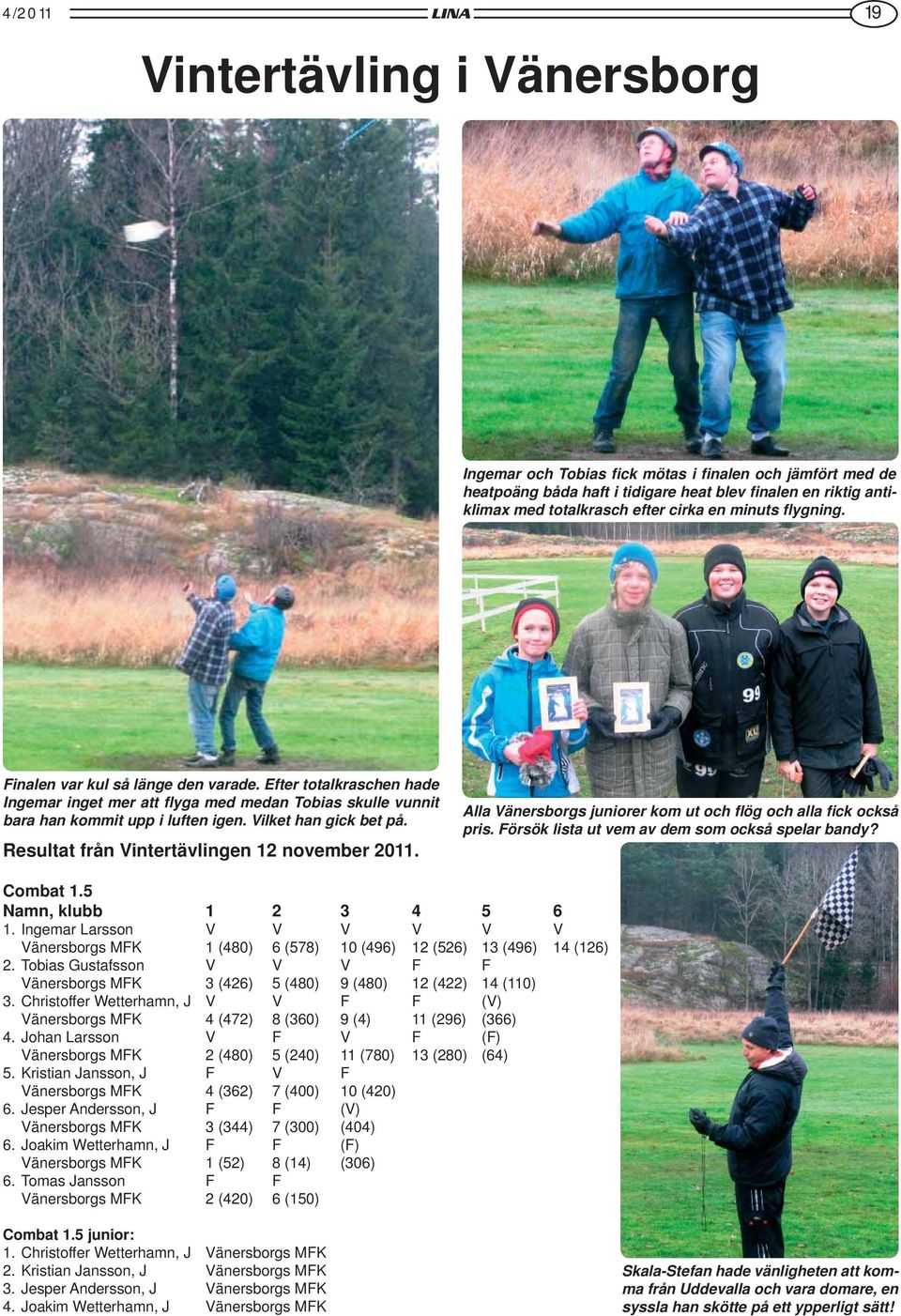 Resultat från Vintertävlingen 12 november 2011. Alla Vänersborgs juniorer kom ut och flög och alla fick också pris. Försök lista ut vem av dem som också spelar bandy? Combat 1.