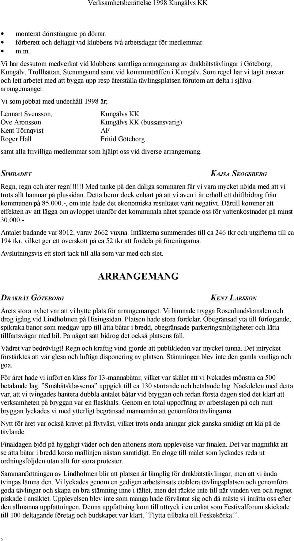 Vi som jobbat med underhåll 1998 är; Lennart Svensson, Ove Aronsson Kent Törnqvist Roger Hall Kungälvs KK Kungälvs KK (bussansvarig) AF Fritid Göteborg samt alla frivilliga medlemmar som hjälpt oss