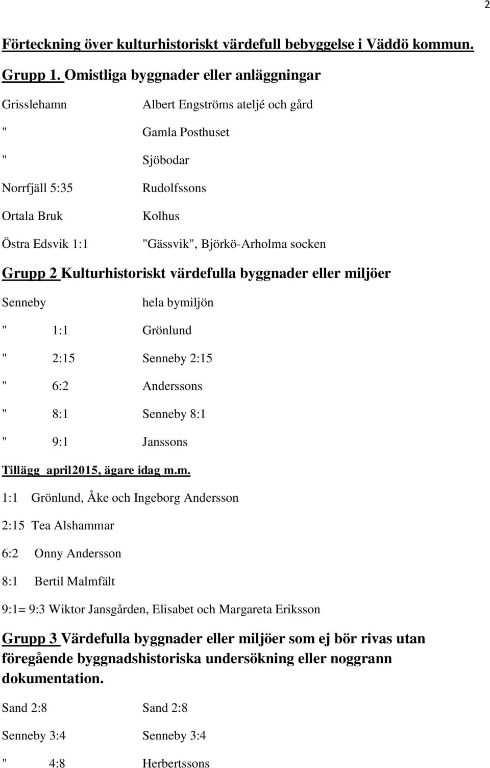 Björkö-Arholma socken Grupp 2 Kulturhistoriskt värdefulla byggnader eller miljöer Senneby hela bymiljön " 1:1 Grönlund " 2:15 Senneby 2:15 " 6:2 Anderssons " 8:1 Senneby 8:1 " 9:1 Janssons 1:1