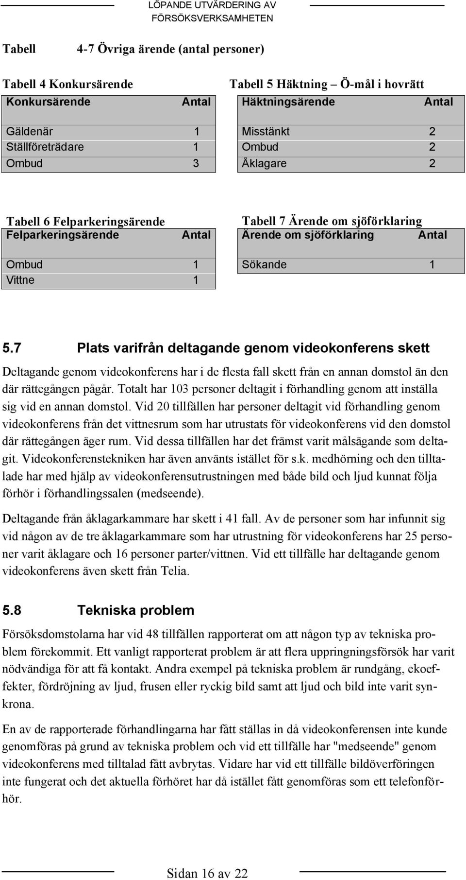 7 Plats varifrån deltagande genom videokonferens skett Deltagande genom videokonferens har i de flesta fall skett från en annan domstol än den där rättegången pågår.