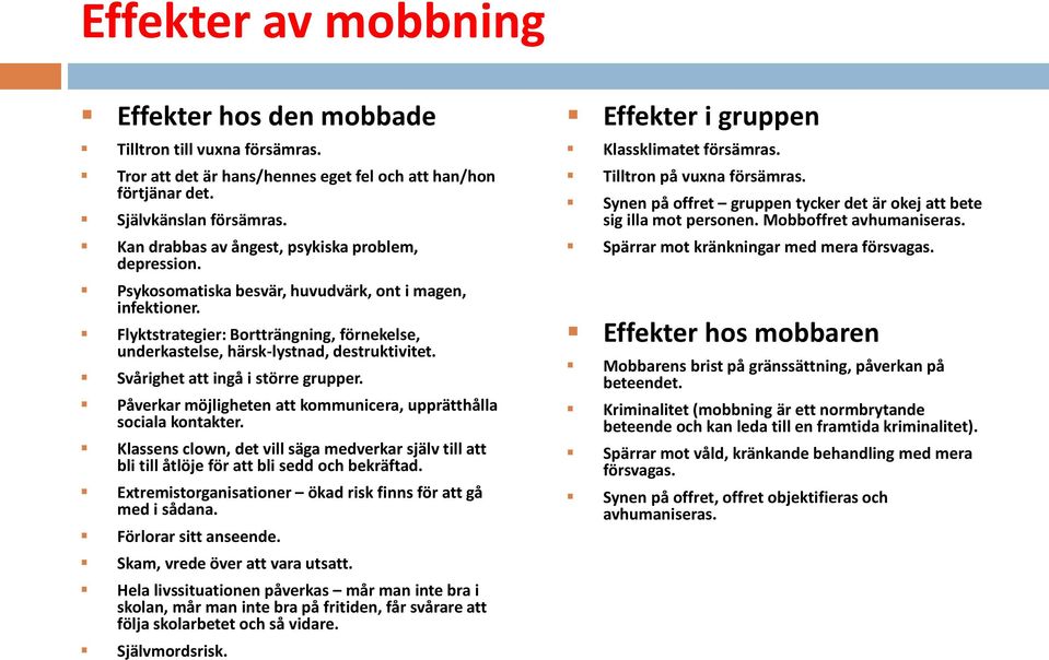 Flyktstrategier: Bortträngning, förnekelse, underkastelse, härsk-lystnad, destruktivitet. Svårighet att ingå i större grupper. Påverkar möjligheten att kommunicera, upprätthålla sociala kontakter.