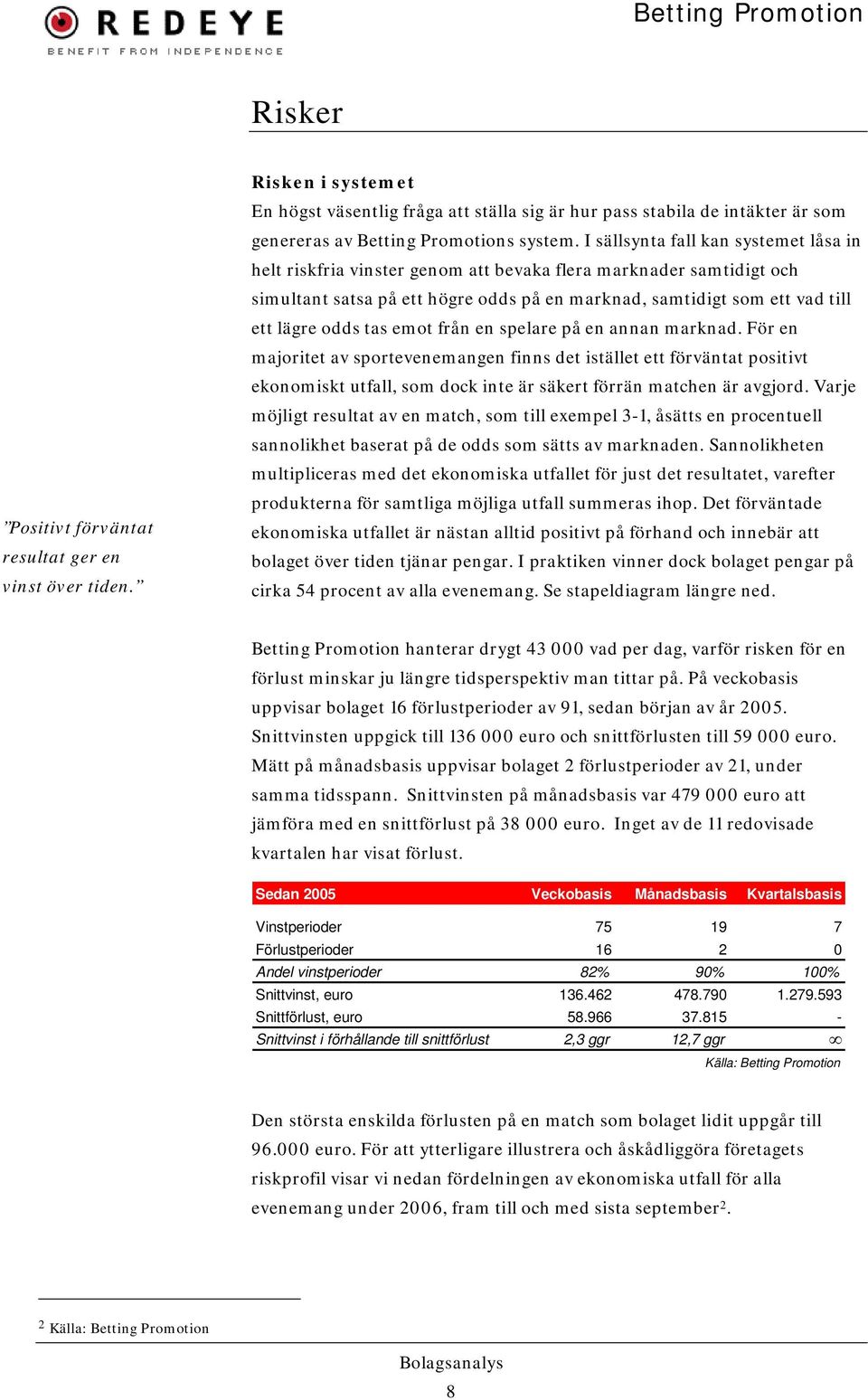 tas emot från en spelare på en annan marknad. För en majoritet av sportevenemangen finns det istället ett förväntat positivt ekonomiskt utfall, som dock inte är säkert förrän matchen är avgjord.