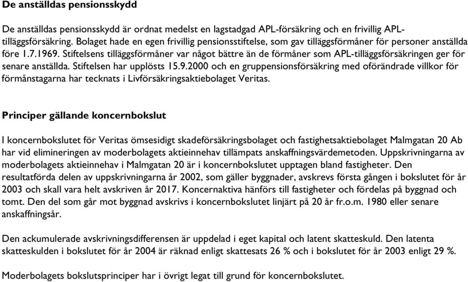 Stiftelsens tilläggsförmåner var något bättre än de förmåner som APL-tilläggsförsäkringen ger för senare anställda. Stiftelsen har upplösts 15.9.