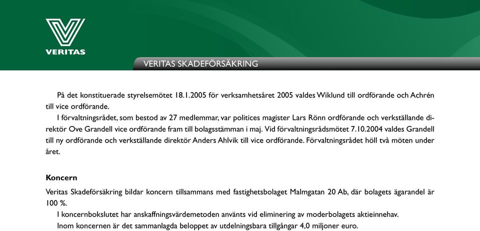 Vid förvaltnings råds mötet 7.10.2004 valdes Grandell till ny ordförande och verkställande direktör Anders Ahlvik till vice ordförande. Förvalt nings rådet höll två möten under året.