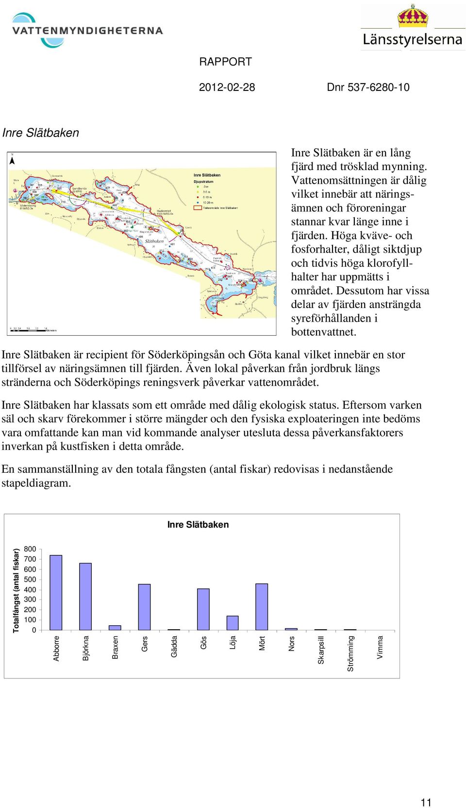 Inre Slätbaken är recipient för Söderköpingsån och Göta kanal vilket innebär en stor tillförsel av näringsämnen till fjärden.