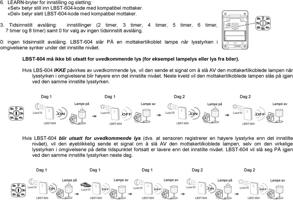 LBST-604 slår PÅ en mottakertilkoblet lampe når lysstyrken i omgivelsene synker under det innstilte nivået.