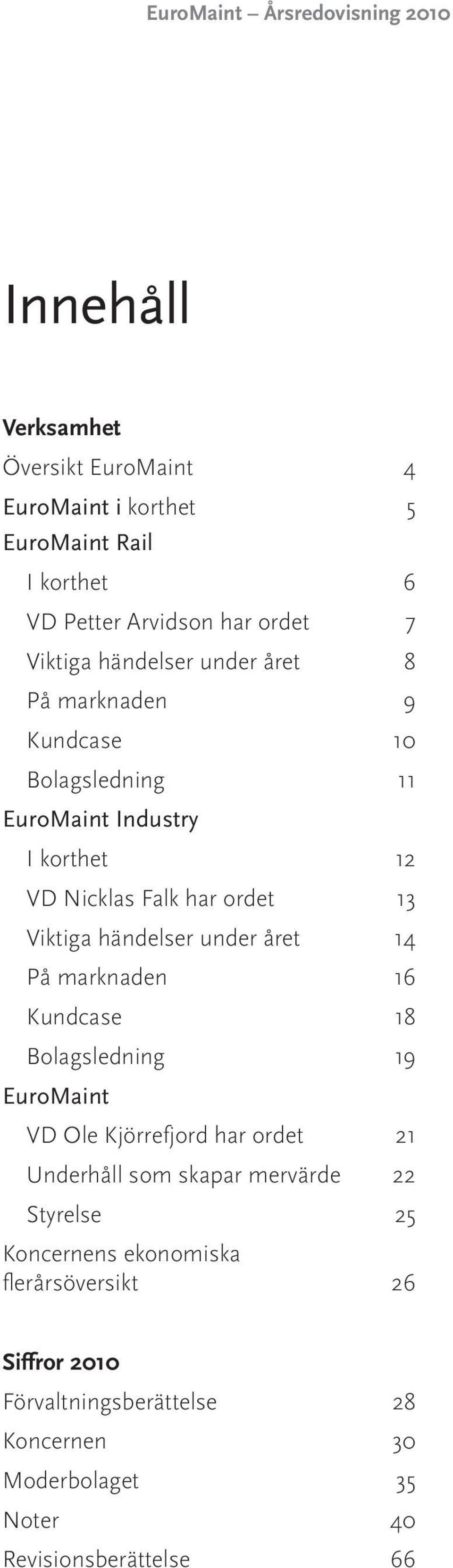 Viktiga händelser under året 14 På marknaden 16 Kundcase 18 Bolagsledning 19 EuroMaint VD Ole Kjörrefjord har ordet 21 Underhåll som skapar