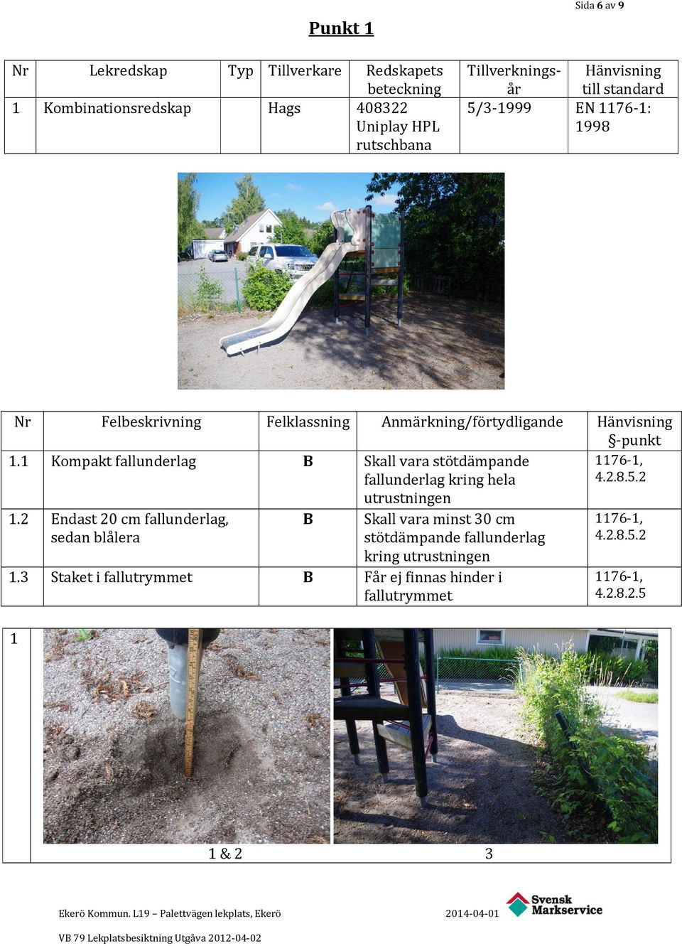 3 Staket i fallutrymmet B Redskapets beteckning 408322 Uniplay HPL rutschbana TillverkningsHänvisning år till standard 5/3-1999 EN 1176-1: 1998