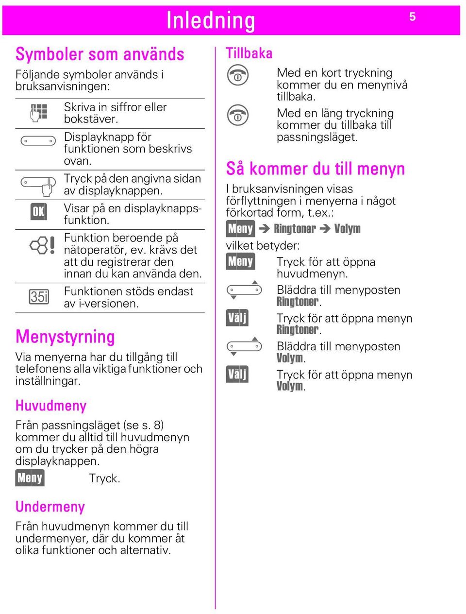 Displayknapp för funktionen som beskrivs ovan. Tryck på den angivna sidan av displayknappen. Visar på en displayknappsfunktion. Funktion beroende på nätoperatör, ev.