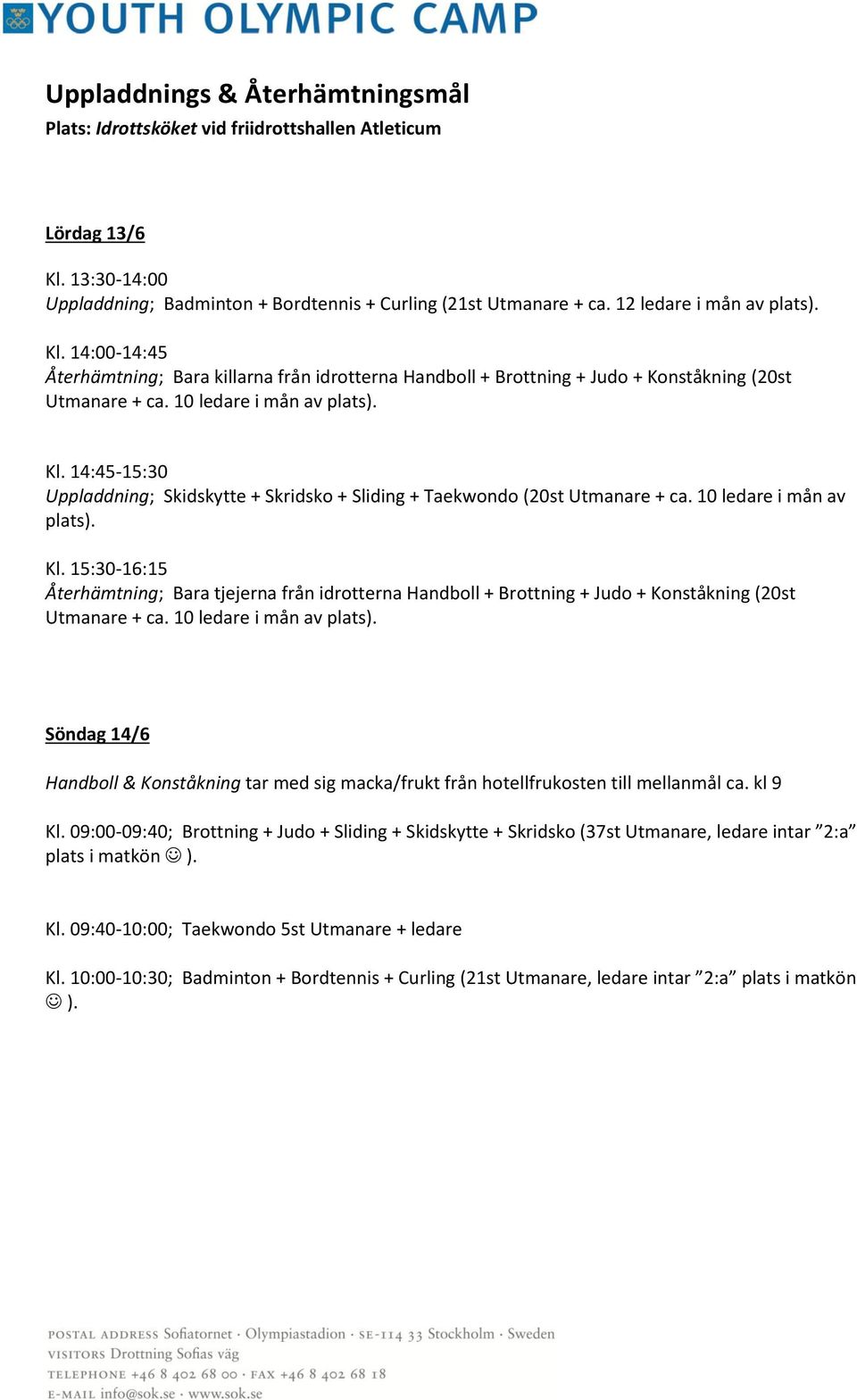 10 ledare i mån av plats). Kl. 15:30-16:15 Återhämtning; Bara tjejerna från idrotterna Handboll + Brottning + Judo + Konståkning (20st Utmanare + ca. 10 ledare i mån av plats).