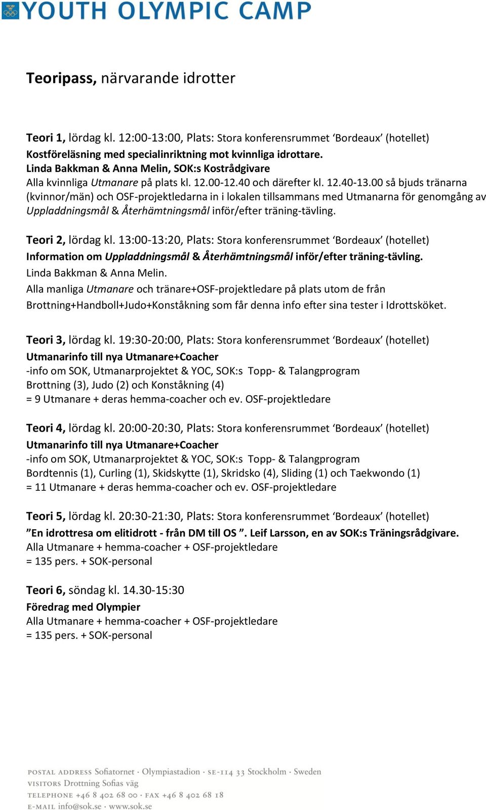 00 så bjuds tränarna (kvinnor/män) och OSF-projektledarna in i lokalen tillsammans med Utmanarna för genomgång av Uppladdningsmål & Återhämtningsmål inför/efter träning-tävling. Teori 2, lördag kl.