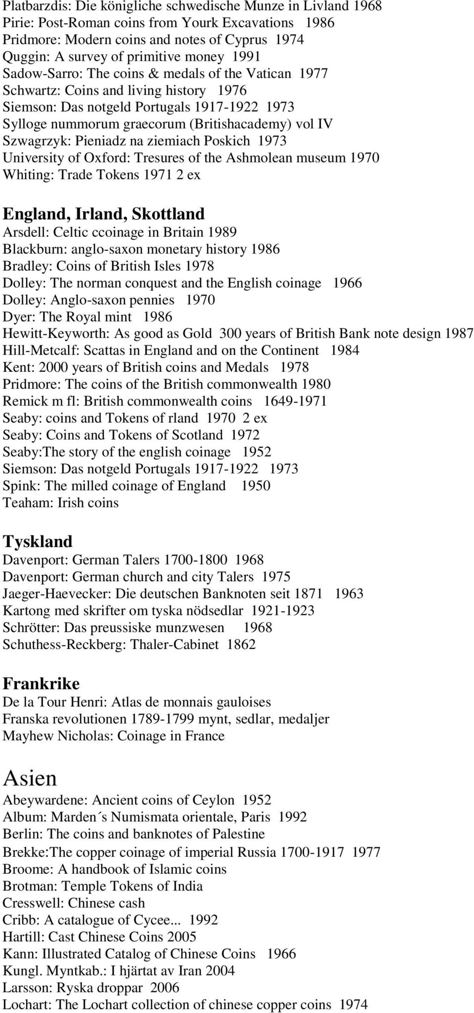 Szwagrzyk: Pieniadz na ziemiach Poskich 1973 University of Oxford: Tresures of the Ashmolean museum 1970 Whiting: Trade Tokens 1971 2 ex England, Irland, Skottland Arsdell: Celtic ccoinage in Britain