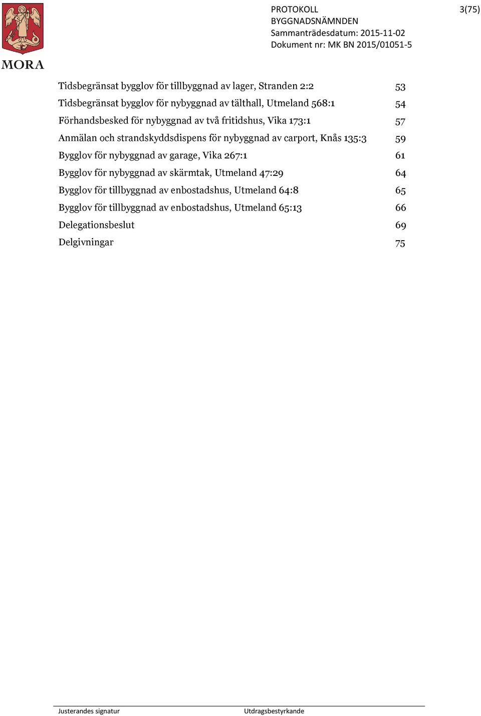 Knås 135:3 59 Bygglov för nybyggnad av garage, Vika 267:1 61 Bygglov för nybyggnad av skärmtak, Utmeland 47:29 64 Bygglov för