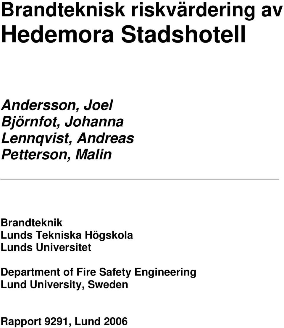 Brandteknik Lunds Tekniska Högskola Lunds Universitet Department