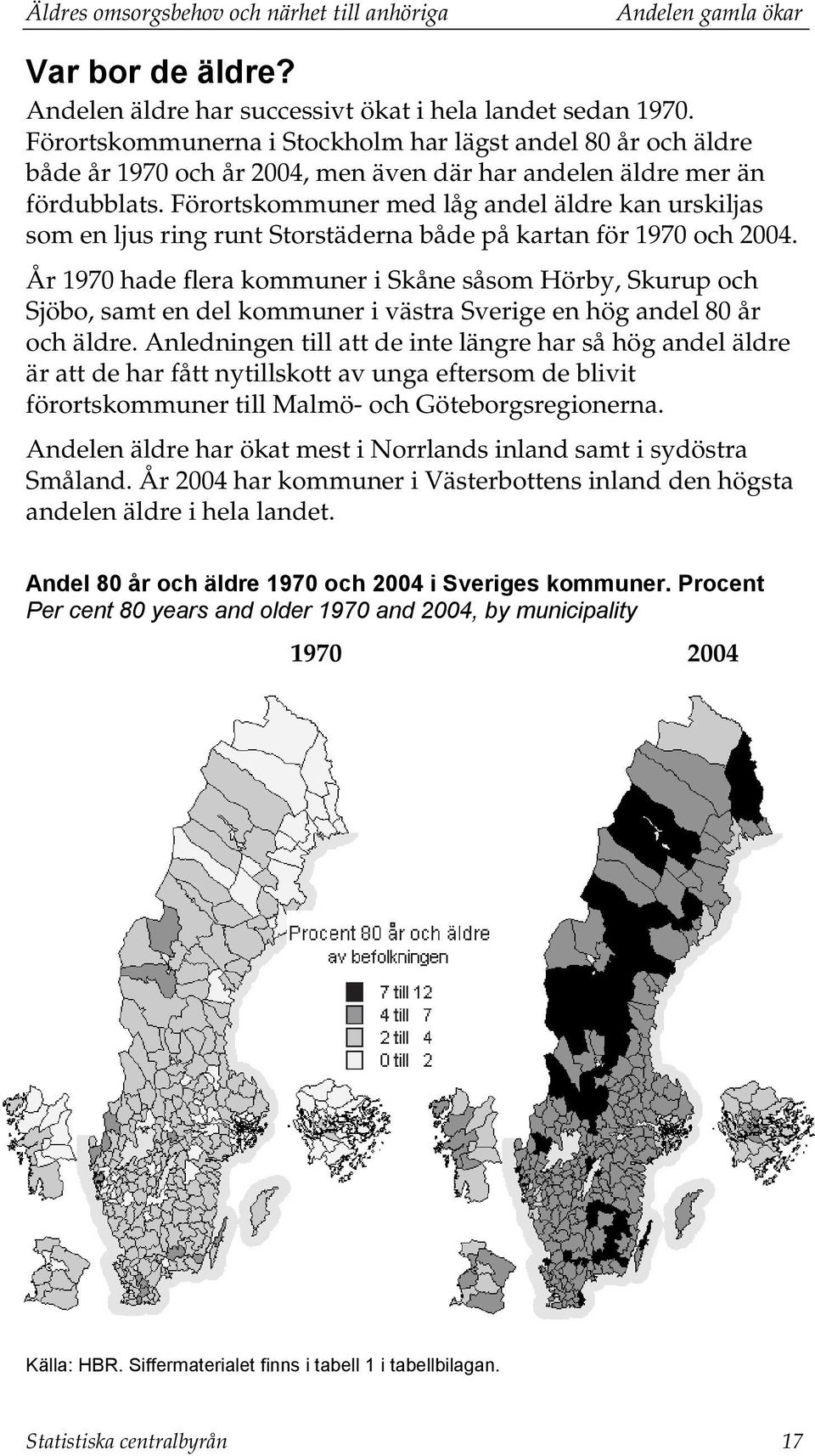 Förortskommuner med låg andel äldre kan urskiljas som en ljus ring runt Storstäderna både på kartan för 1970 och 2004.