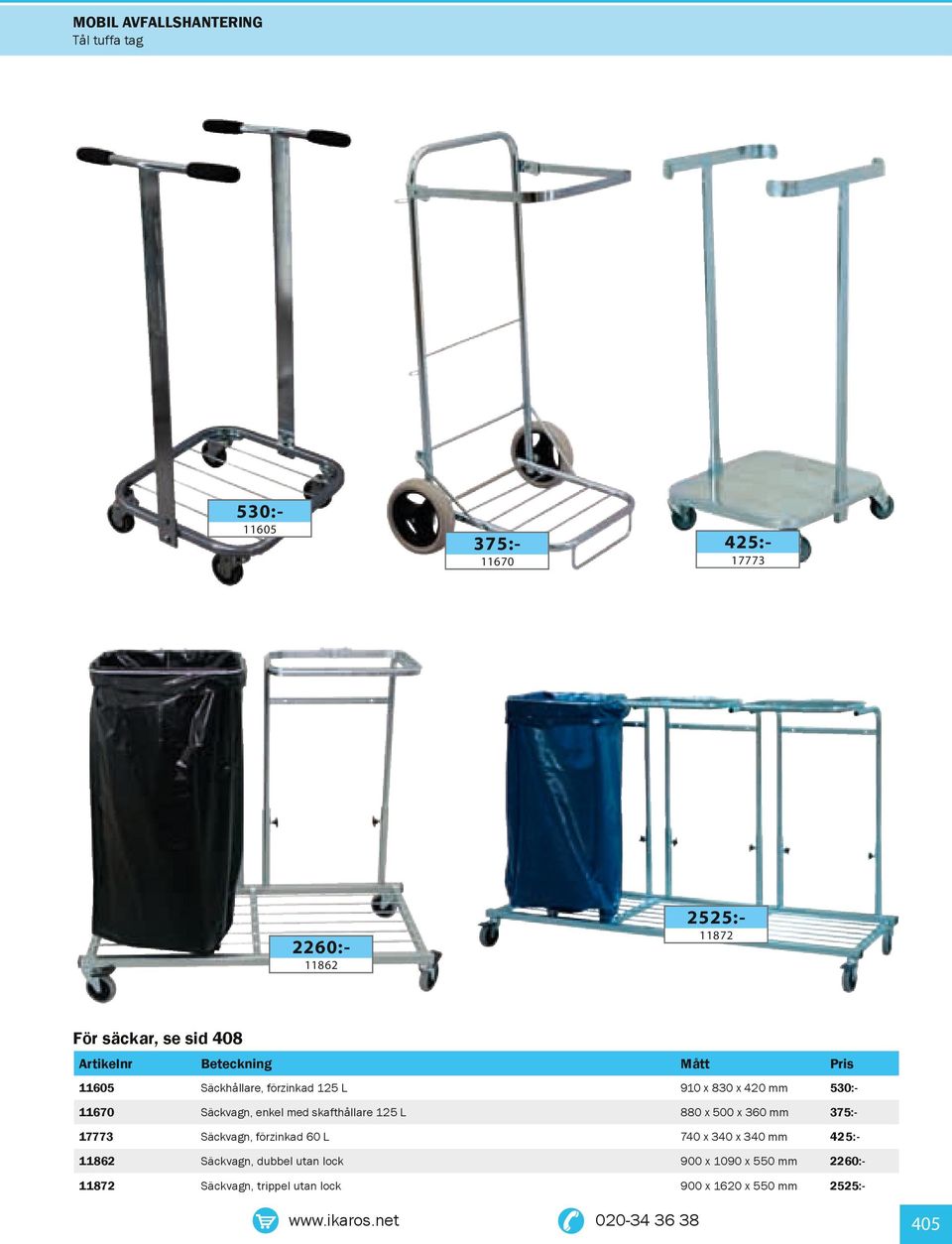 x 500 x 360 mm 375:- 17773 Säckvagn, förzinkad 60 L 740 x 340 x 340 mm 425:- 11862 Säckvagn, dubbel utan lock 900