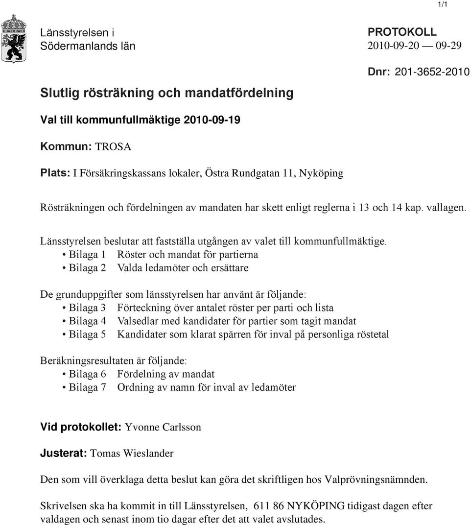 Bilaga 1 Röster och mandat för partierna Bilaga 2 Valda ledamöter och ersättare De grunduppgifter som länsstyrelsen har använt är följande: Bilaga 3 Förteckning över antalet röster per parti och