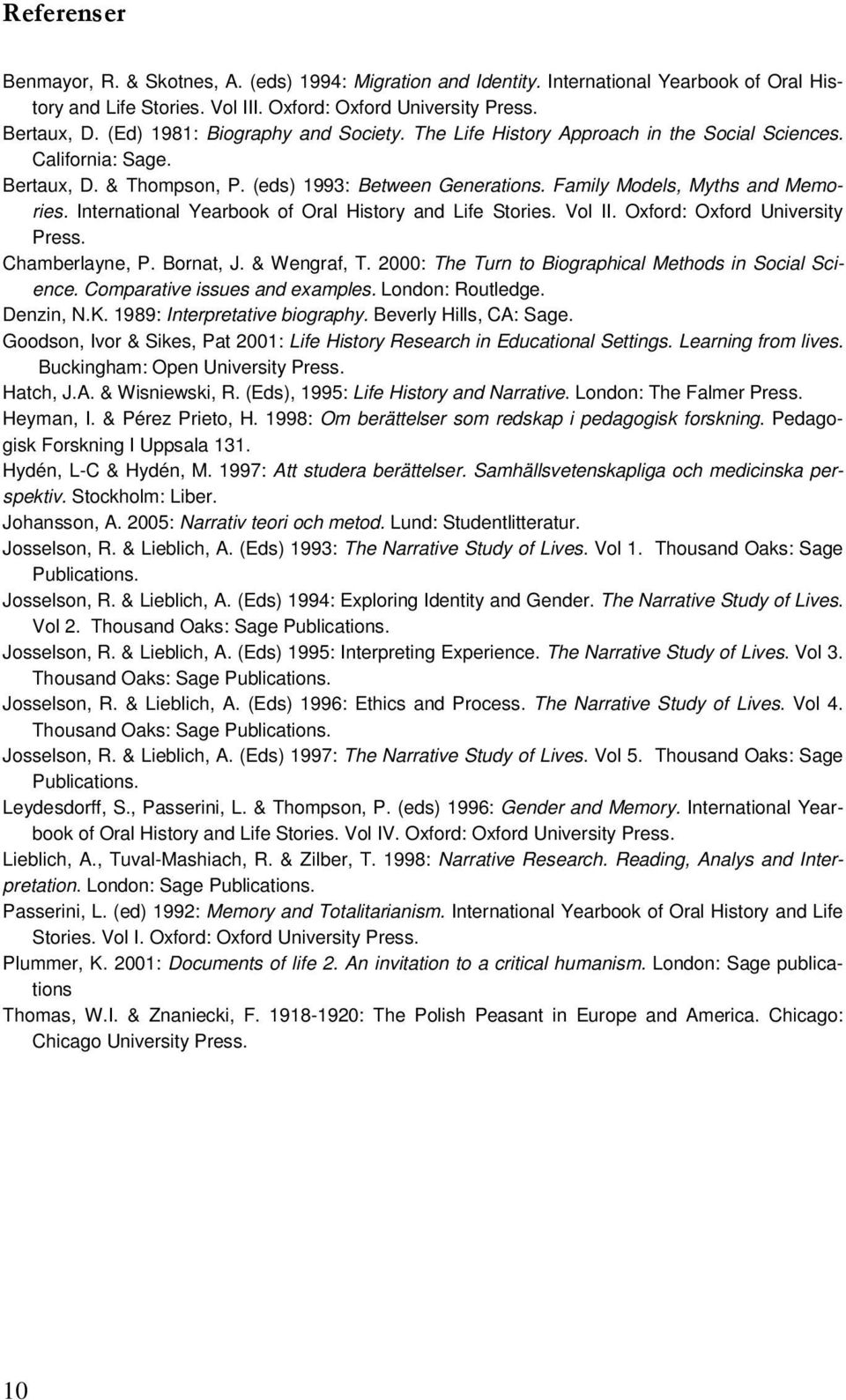 International Yearbook of Oral History and Life Stories. Vol II. Oxford: Oxford University Press. Chamberlayne, P. Bornat, J. & Wengraf, T. 2000: The Turn to Biographical Methods in Social Science.