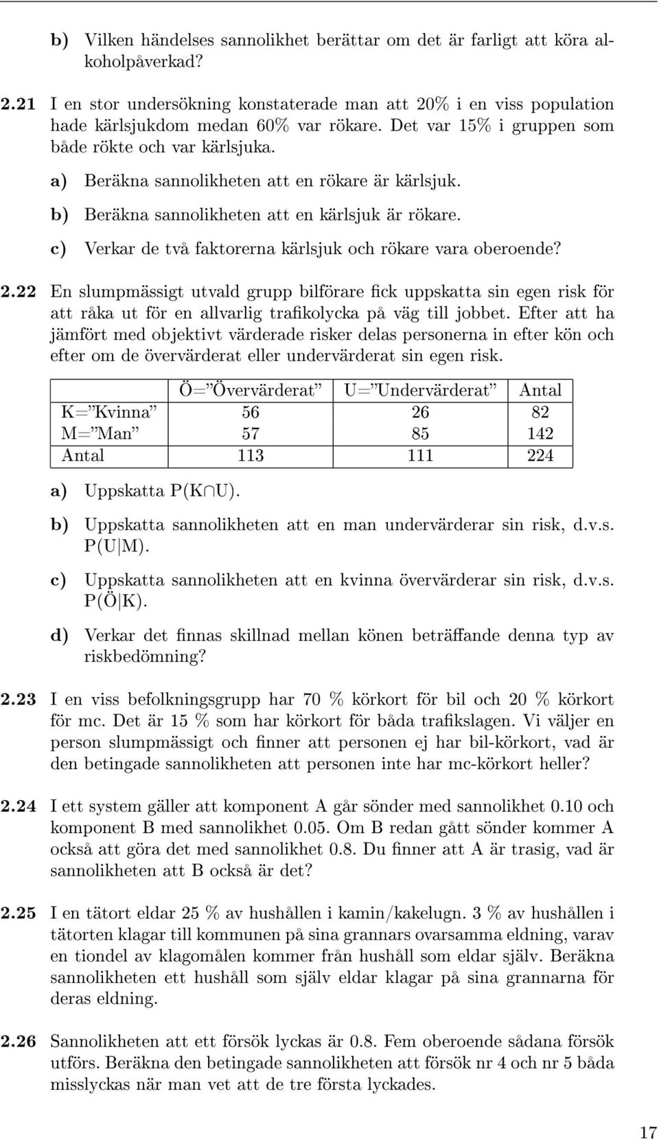 c) Verkar de två faktorerna kärlsjuk och rökare vara oberoende? 2.22 En slumpmässigt utvald grupp bilförare ck uppskatta sin egen risk för att råka ut för en allvarlig trakolycka på väg till jobbet.