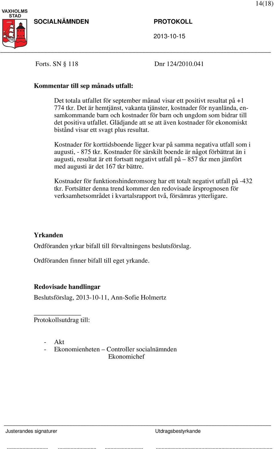 Glädjande att se att även kostnader för ekonomiskt bistånd visar ett svagt plus resultat. Kostnader för korttidsboende ligger kvar på samma negativa utfall som i augusti, - 875 tkr.