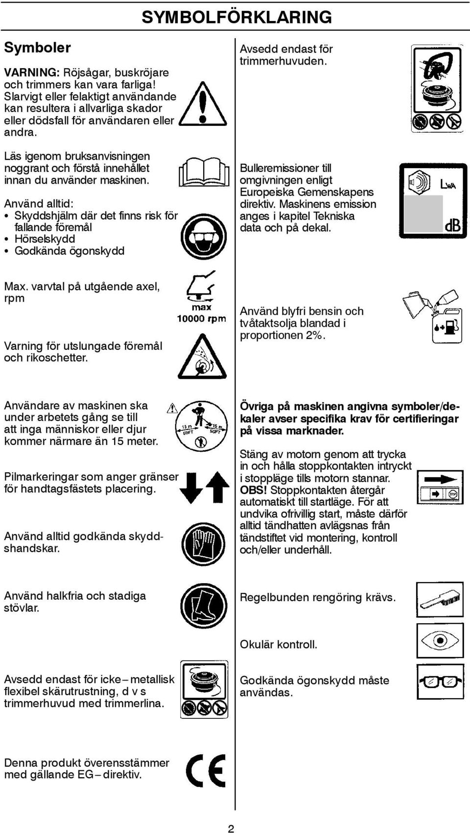 Använd alltid: S Skyddshjälm där det finns risk för fallande föremål S Hörselskydd S Godkända ögonskydd Avsedd endast för trimmerhuvuden.