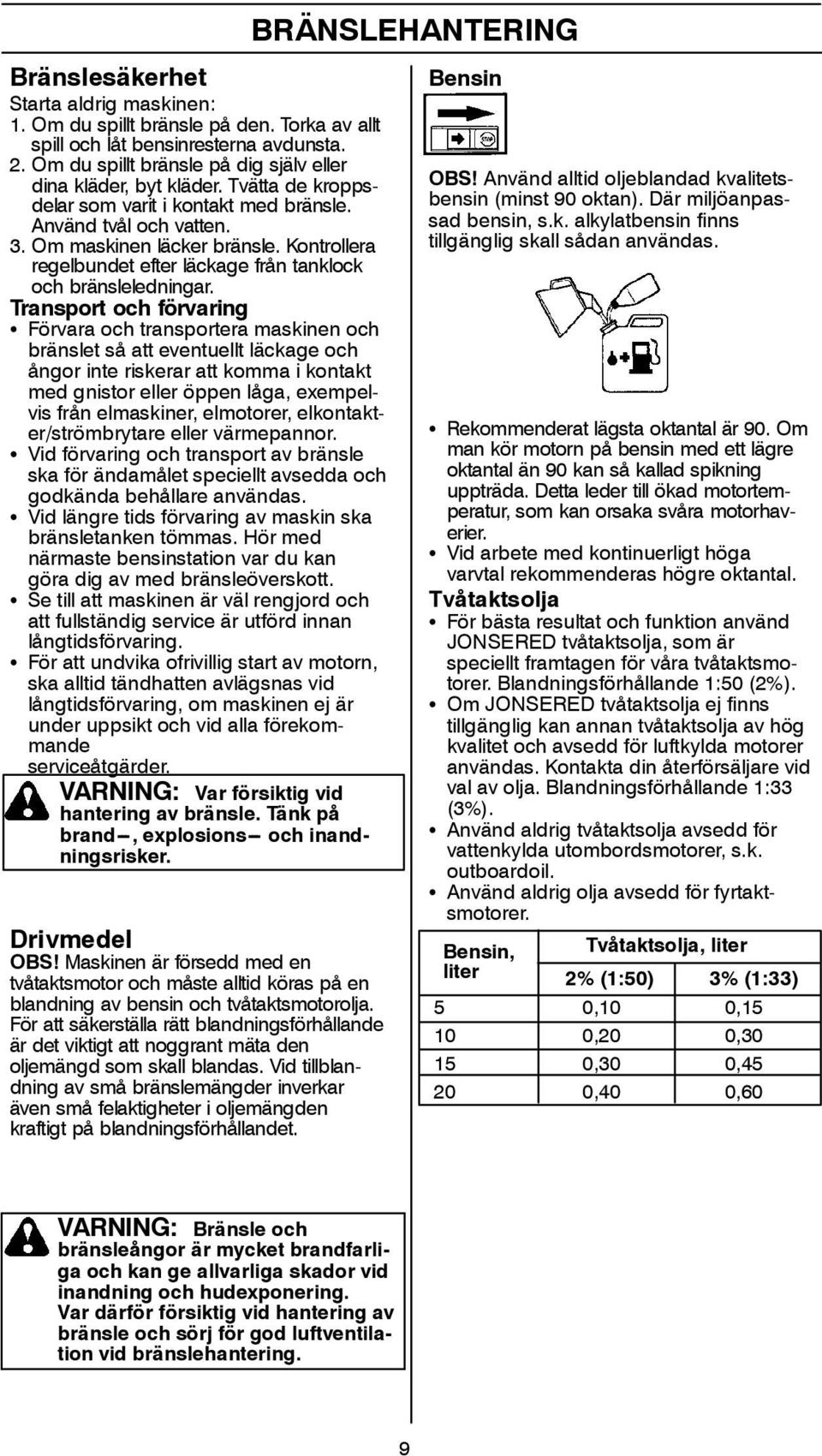 Transport och förvaring S Förvara och transportera maskinen och bränslet så att eventuellt läckage och ångorinteriskerarattkommaikontakt med gnistor eller öppen låga, exempelvis från elmaskiner,