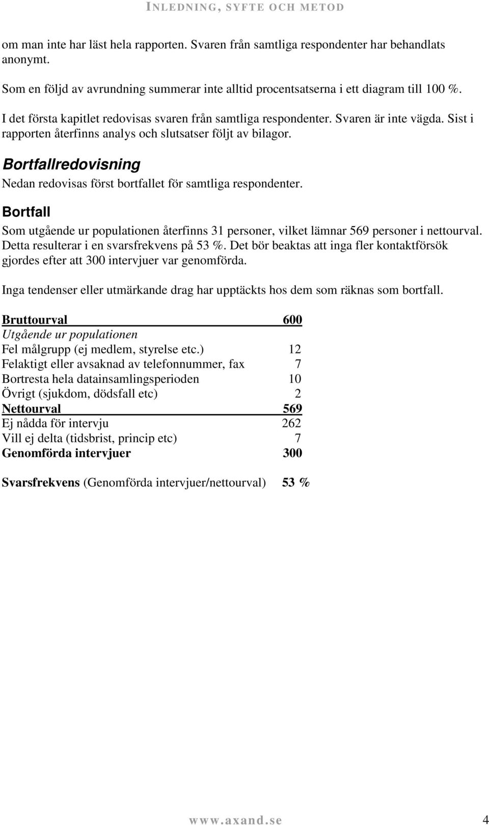 Sist i rapporten återfinns analys och slutsatser följt av bilagor. Bortfallredovisning Nedan redovisas först bortfallet för samtliga respondenter.