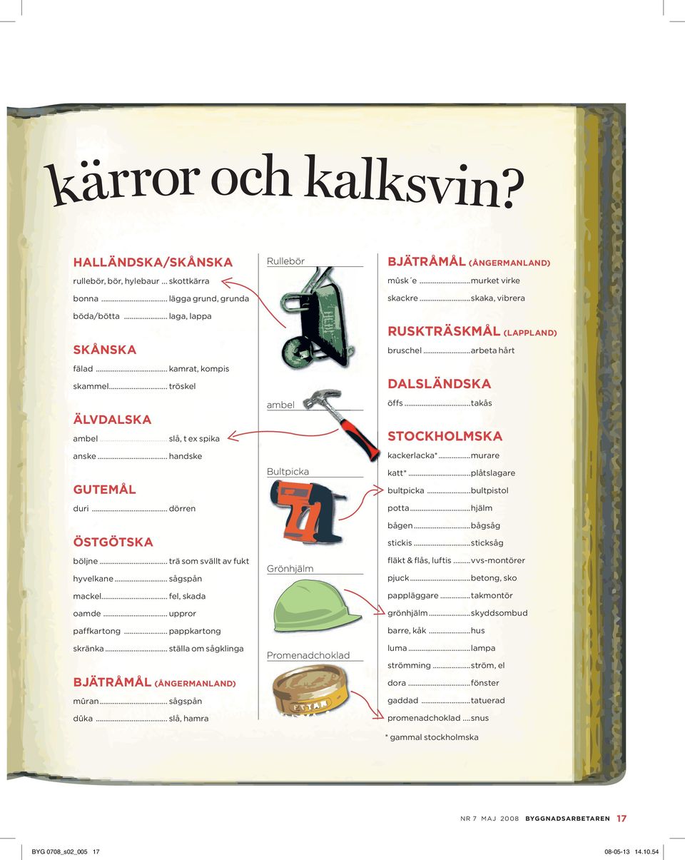 .. handske kackerlacka*...murare Bultpicka katt*...plåtslagare GUTEMÅL bultpicka...bultpistol duri... dörren potta...hjälm bågen...bågsåg ÖSTGÖTSKA böljne... trä som svällt av fukt stickis.