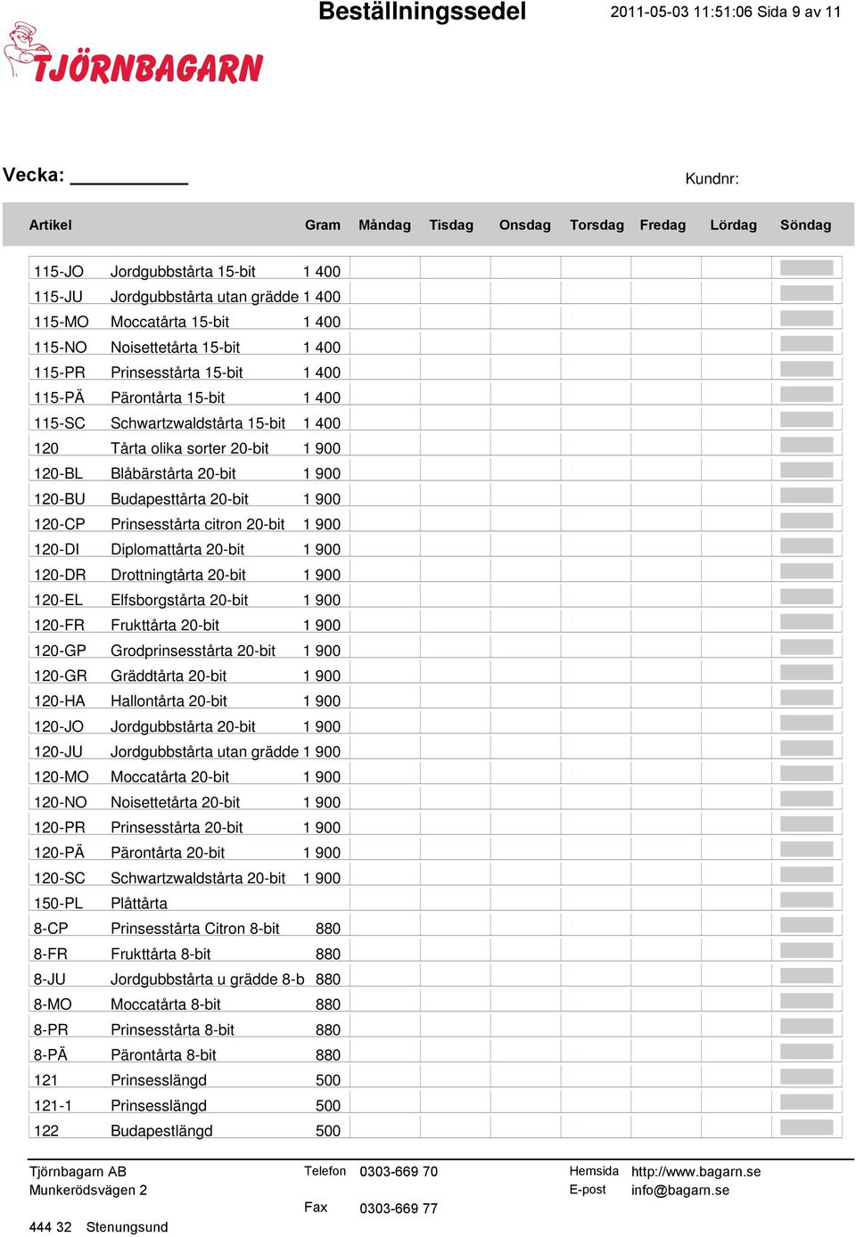 Prinsesstårta citron 20-bit 1 900 120-DI Diplomattårta 20-bit 1 900 120-DR Drottningtårta 20-bit 1 900 120-EL Elfsborgstårta 20-bit 1 900 120-FR Frukttårta 20-bit 1 900 120-GP Grodprinsesstårta