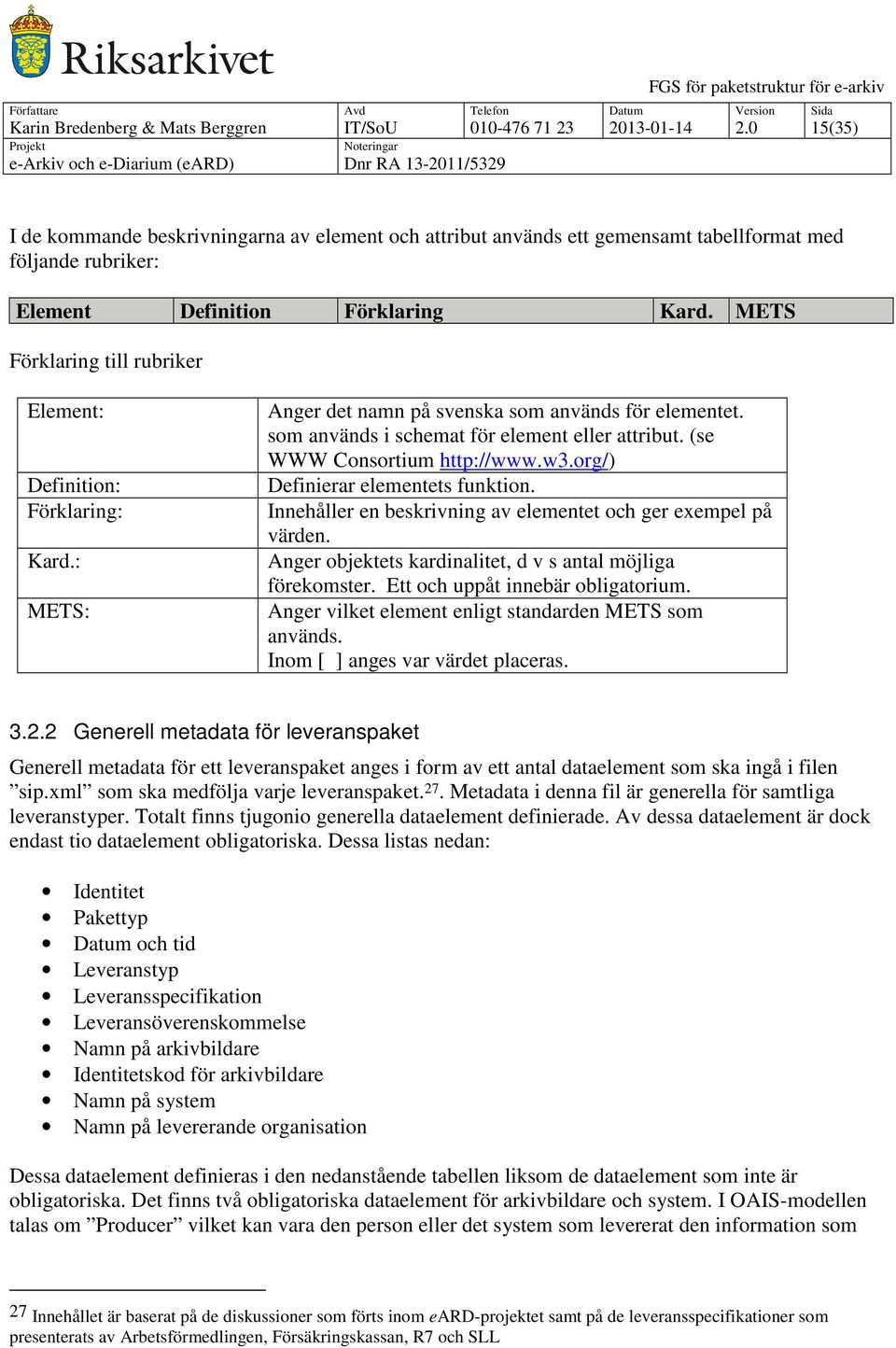 METS Förklaring till rubriker Element: Definition: Förklaring: Kard.: METS: Anger det namn på svenska som används för elementet. som används i schemat för element eller attribut.