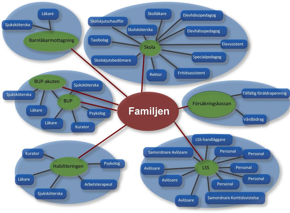 Sjuksköterska BUP Försäkringskassan Läkare Psykolog Läkare Familjen Vårdbidrag Kurator LSS-handläggare Personal Samordnare Avlösare