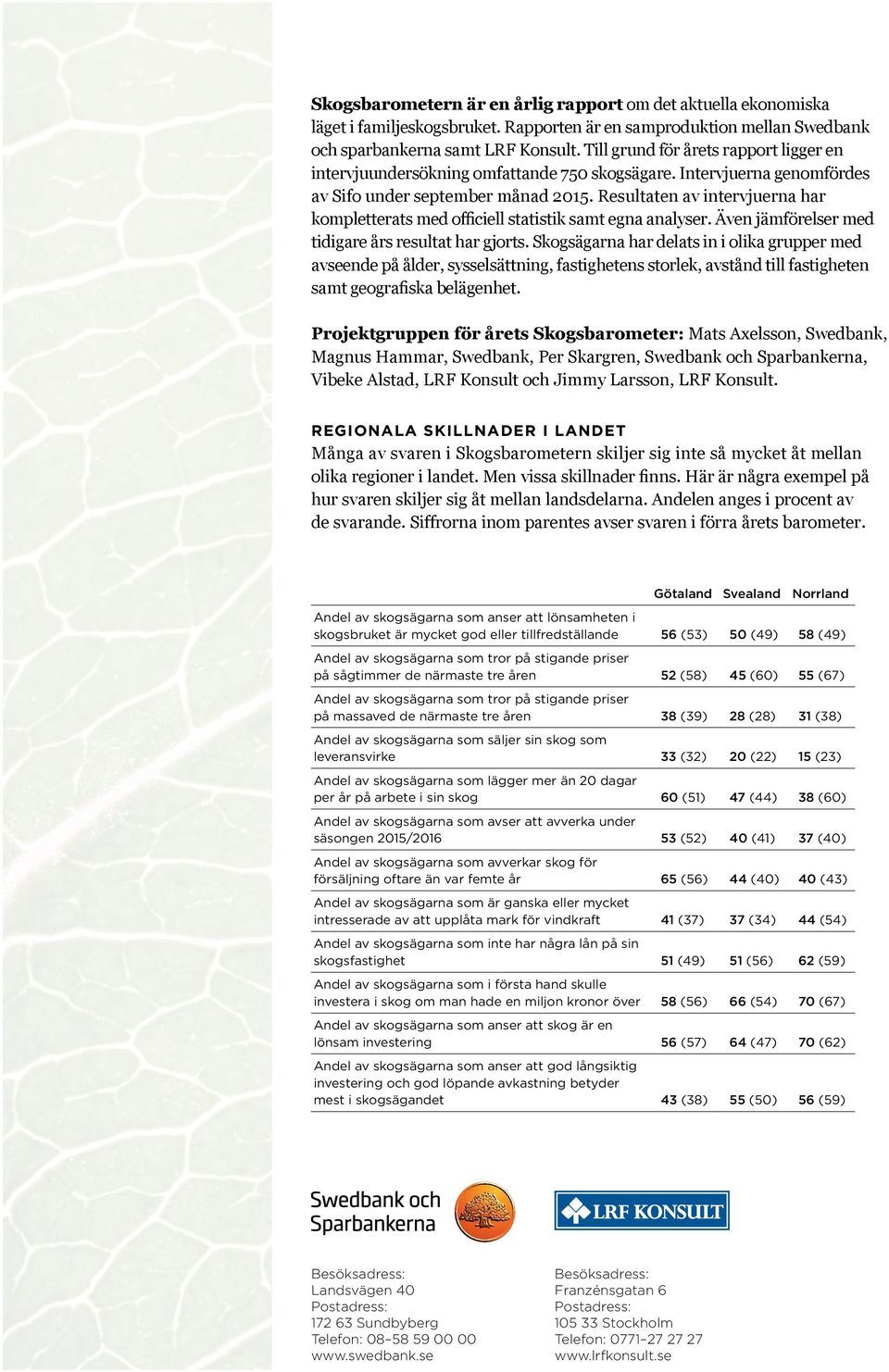 Resultaten av intervjuerna har kompletterats med officiell statistik samt egna analyser. Även jämförelser med tidigare års resultat har gjorts.