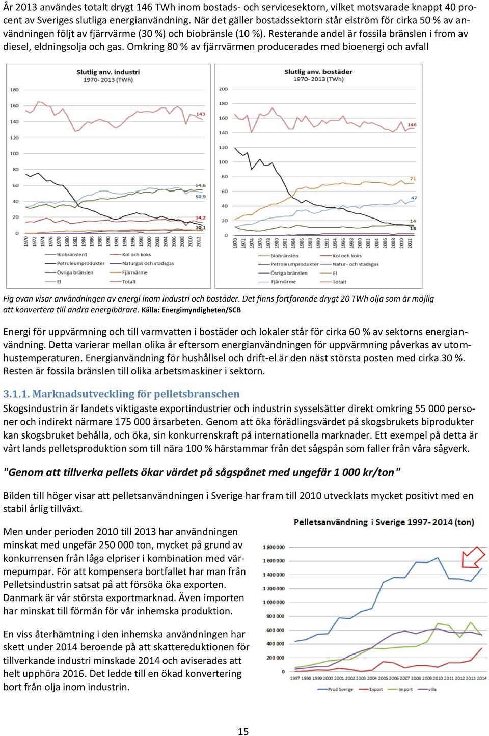 Omkring 80 % av fjärrvärmen producerades med bioenergi och avfall Fig ovan visar användningen av energi inom industri och bostäder.