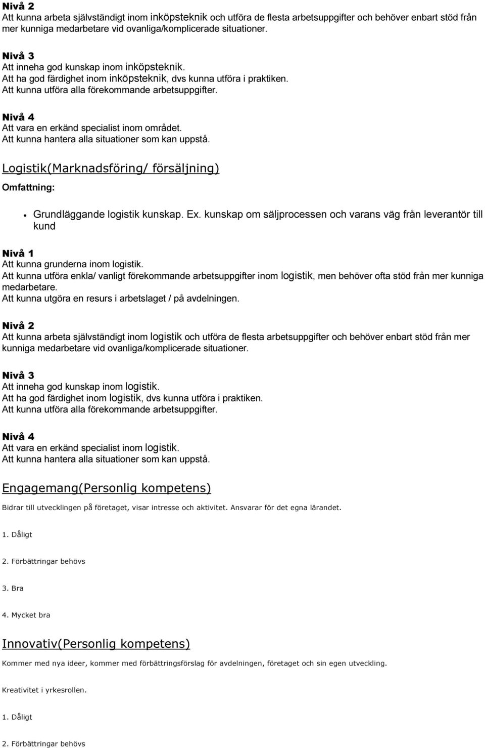 Logistik(Marknadsföring/ försäljning) Omfattning: Grundläggande logistik kunskap. Ex. kunskap om säljprocessen och varans väg från leverantör till kund Att kunna grunderna inom logistik.