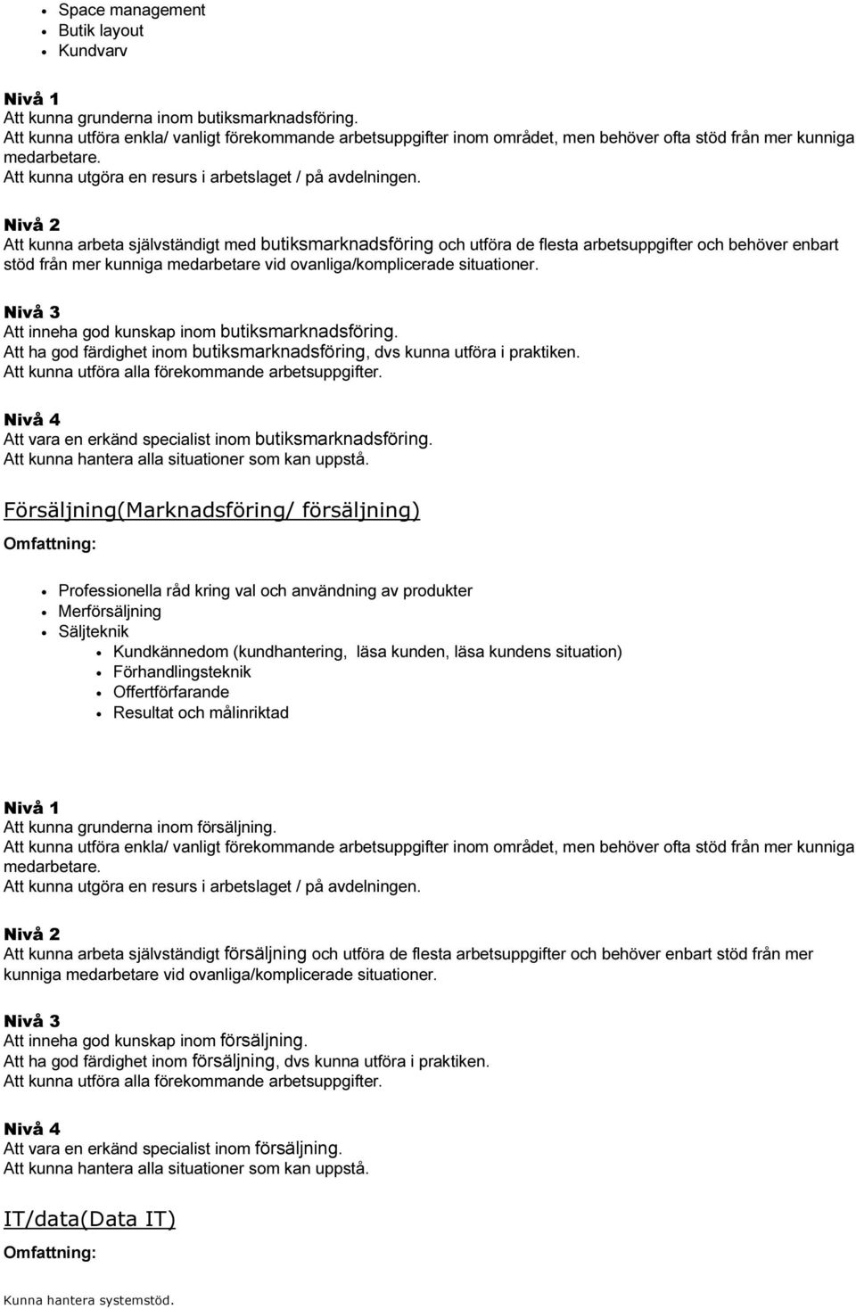 Att kunna arbeta självständigt med butiksmarknadsföring och utföra de flesta arbetsuppgifter och behöver enbart stöd från mer kunniga medarbetare vid ovanliga/komplicerade situationer.