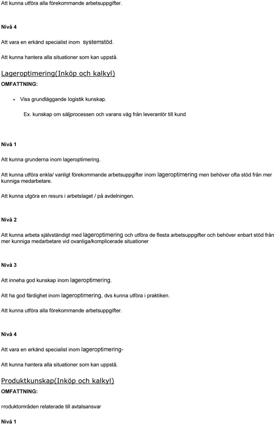 Att kunna utföra enkla/ vanligt förekommande arbetsuppgifter inom lageroptimering men behöver ofta stöd från mer kunniga medarbetare.