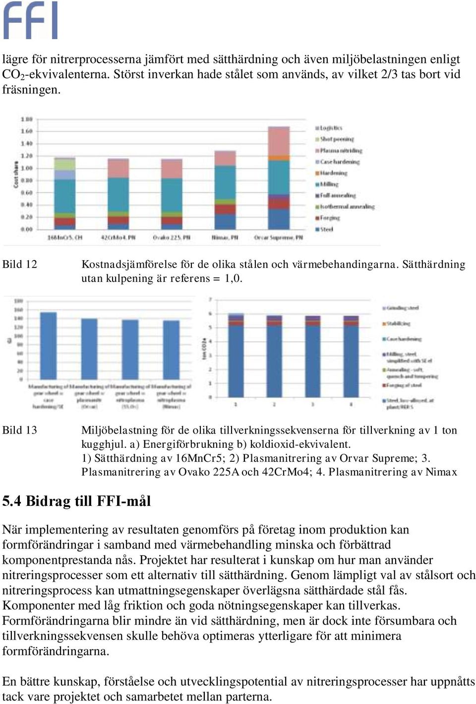 Bild 13 Miljöbelastning för de olika tillverkningssekvenserna för tillverkning av 1 ton kugghjul. a) Energiförbrukning b) koldioxid-ekvivalent.