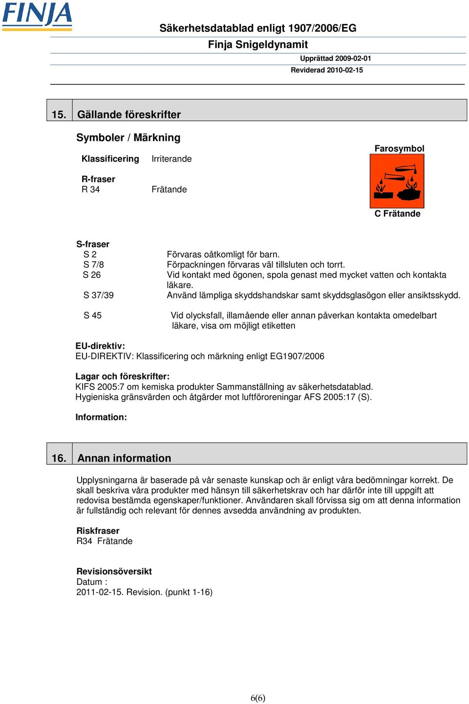 Vid olycksfall, illamående eller annan påverkan kontakta omedelbart läkare, visa om möjligt etiketten EU-direktiv: EU-DIREKTIV: Klassificering och märkning enligt EG1907/2006 Lagar och föreskrifter: