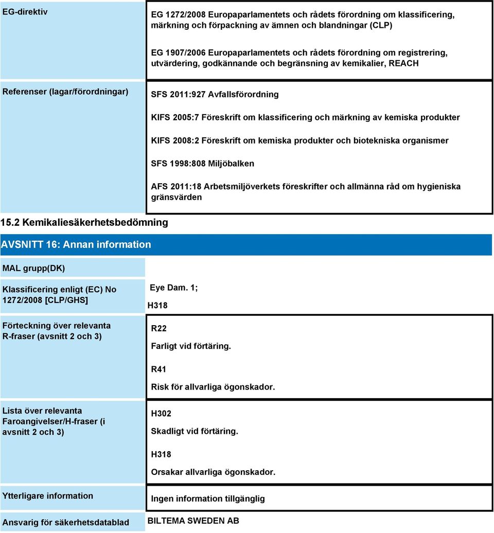 kemiska produkter KIFS 2008:2 Föreskrift om kemiska produkter och biotekniska organismer SFS 1998:808 Miljöbalken AFS 2011:18 Arbetsmiljöverkets föreskrifter och allmänna råd om hygieniska