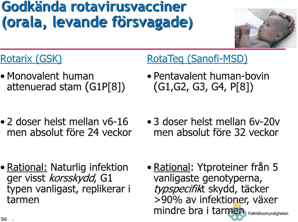 helst mellan 6v-20v men absolut före 32 veckor Rational: Naturlig infektion ger visst korsskydd, G1 typen vanligast,