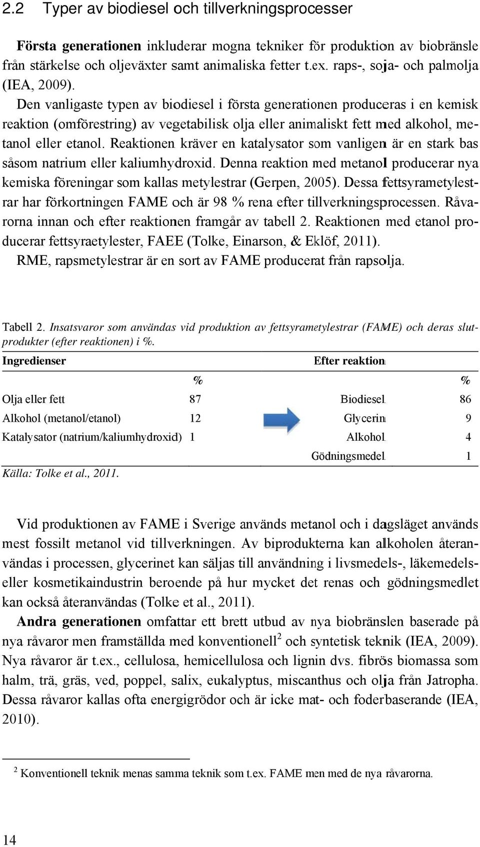 Den vanligaste typen av biodiesel i första generationen produceras i en kemisk reaktion (omförestring) av vegetabilisk olja eller animaliskt fett med alkohol, mebas tanol eller etanol.