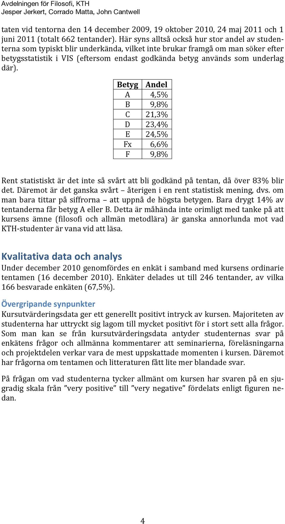 underlag där). Betyg Andel A 4,5% B 9,8% C 21,3% D 23,4% E 24,5% Fx 6,6% F 9,8% Rent statistiskt är det inte så svårt att bli godkänd på tentan, då över 83% blir det.