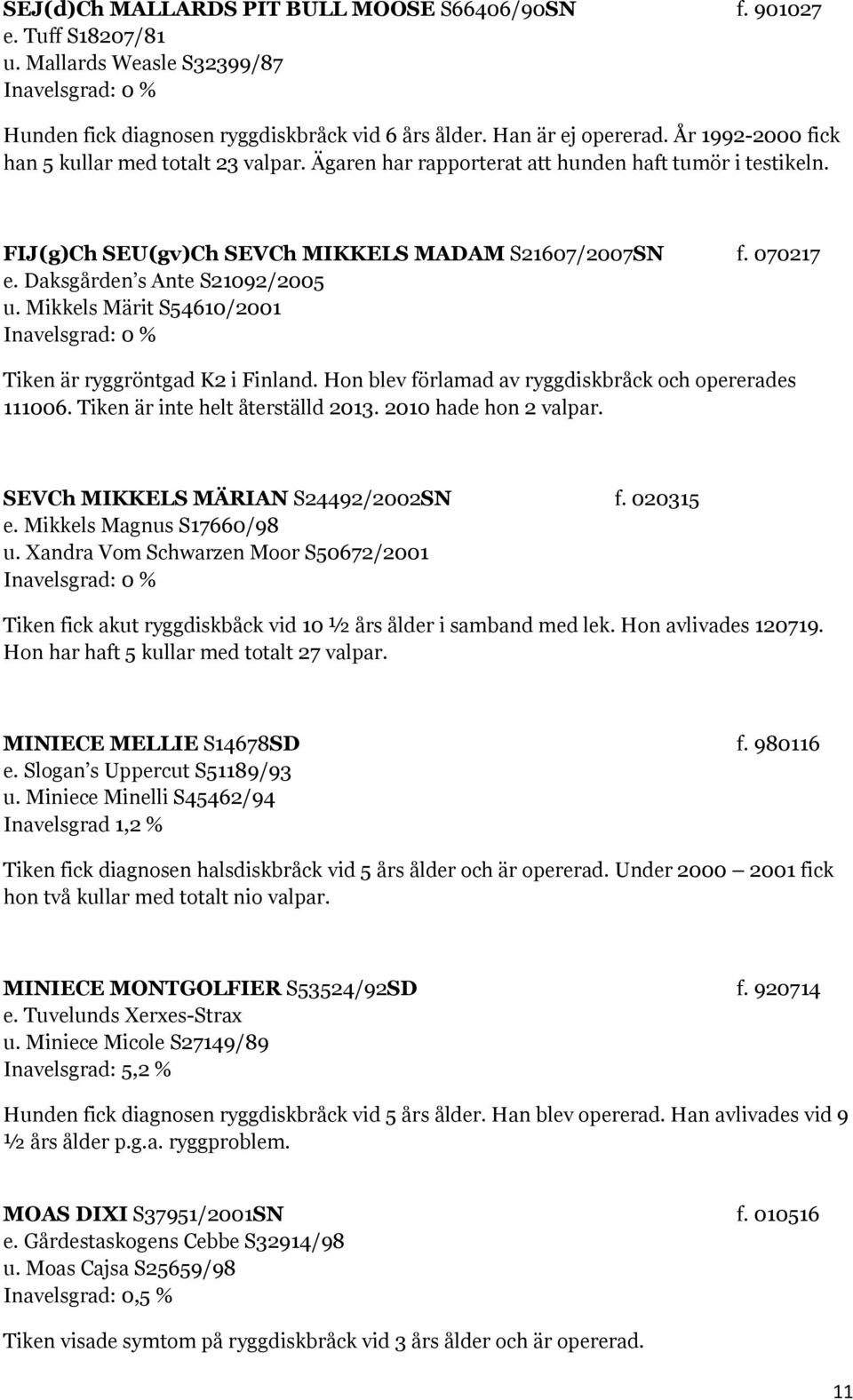 Daksgården s Ante S21092/2005 u. Mikkels Märit S54610/2001 Tiken är ryggröntgad K2 i Finland. Hon blev förlamad av ryggdiskbråck och opererades 111006. Tiken är inte helt återställd 2013.