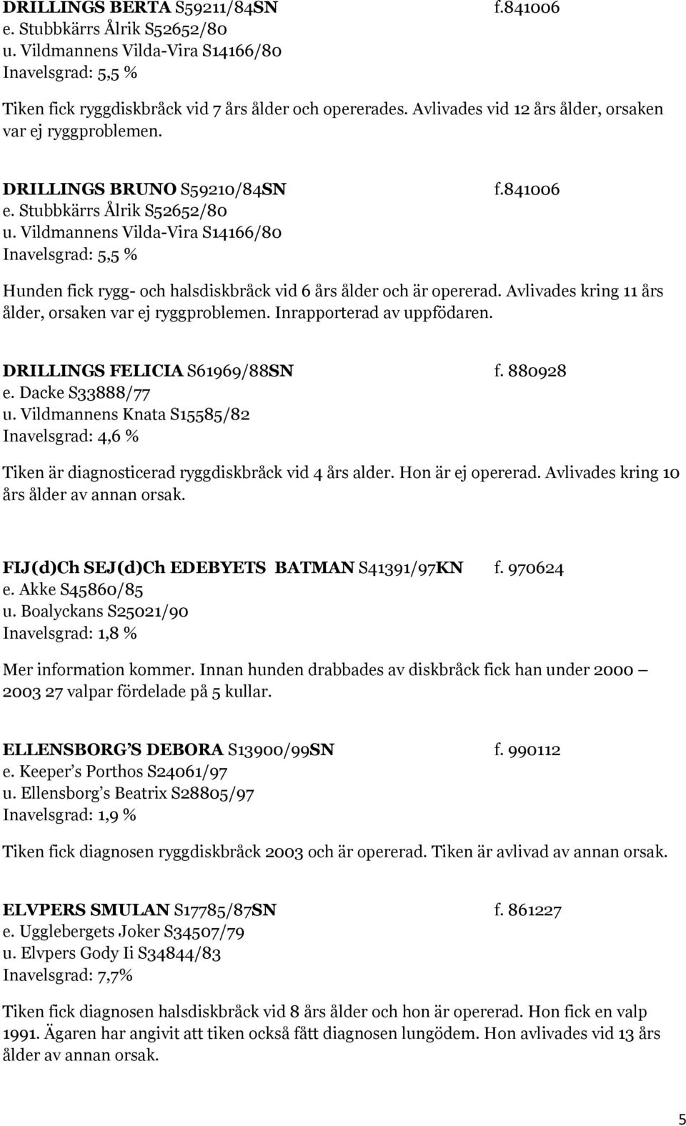 Vildmannens Vilda-Vira S14166/80 Inavelsgrad: 5,5 % Hunden fick rygg- och halsdiskbråck vid 6 års ålder och är opererad. Avlivades kring 11 års ålder, orsaken var ej ryggproblemen.