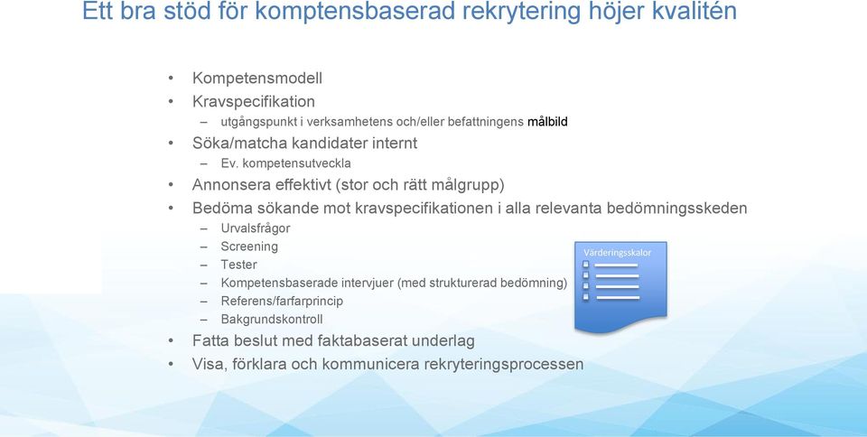 kompetensutveckla Annonsera effektivt (stor och rätt målgrupp) Bedöma sökande mot kravspecifikationen i alla relevanta bedömningsskeden Urvalsfrågor Screening