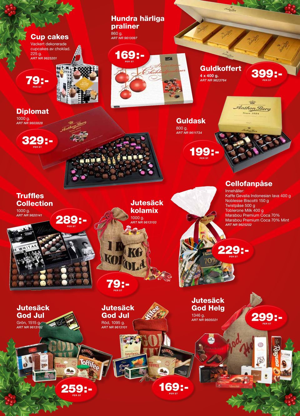 ART NR 9620141 Innehåller: Kaffe Gevalia Indonesian lava 400 g Noblesse Biscotti 150 g Twistpåse 500 g Toblerone Milk 400 g Marabou Premium Coca 70% Marabou Premium Coca