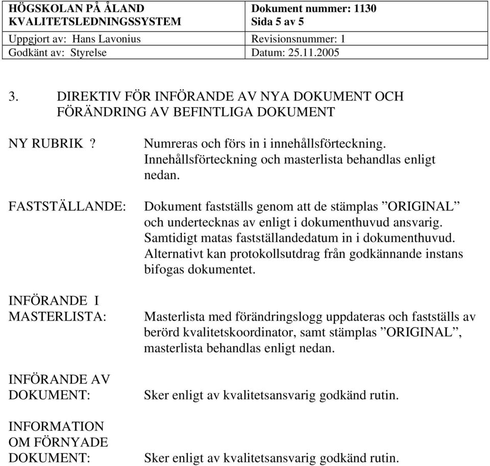 Innehållsförteckning och masterlista behandlas enligt nedan. Dokument fastställs genom att de stämplas ORIGINAL och undertecknas av enligt i dokumenthuvud ansvarig.