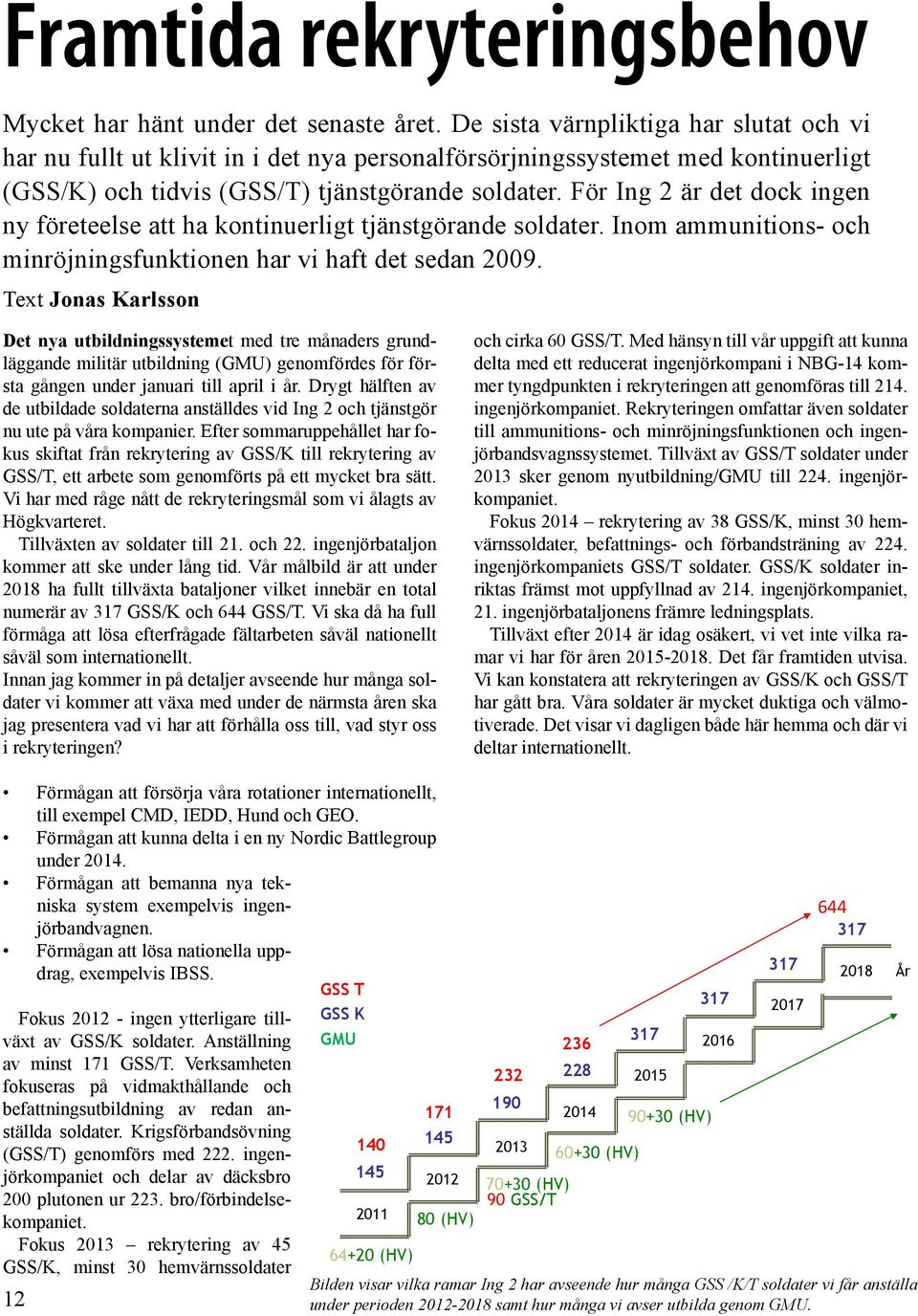 För Ing 2 är det dock ingen ny företeelse att ha kontinuerligt tjänstgörande soldater. Inom ammunitions- och minröjningsfunktionen har vi haft det sedan 2009.