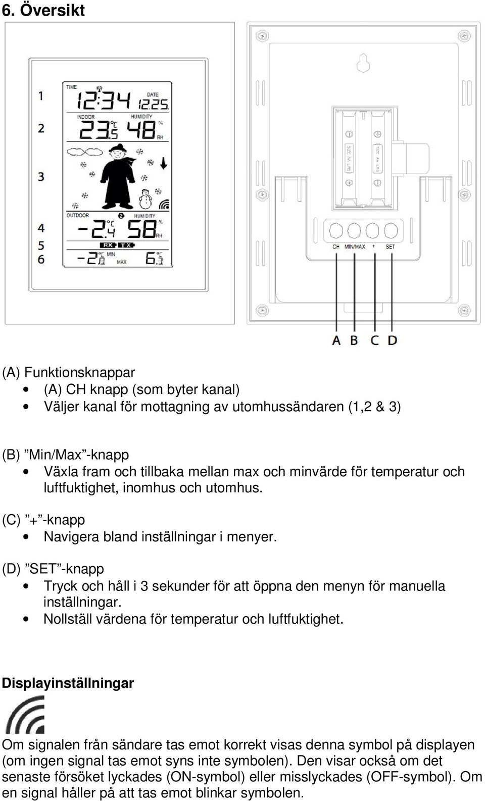 (D) SET -knapp Tryck och håll i 3 sekunder för att öppna den menyn för manuella inställningar. Nollställ värdena för temperatur och luftfuktighet.