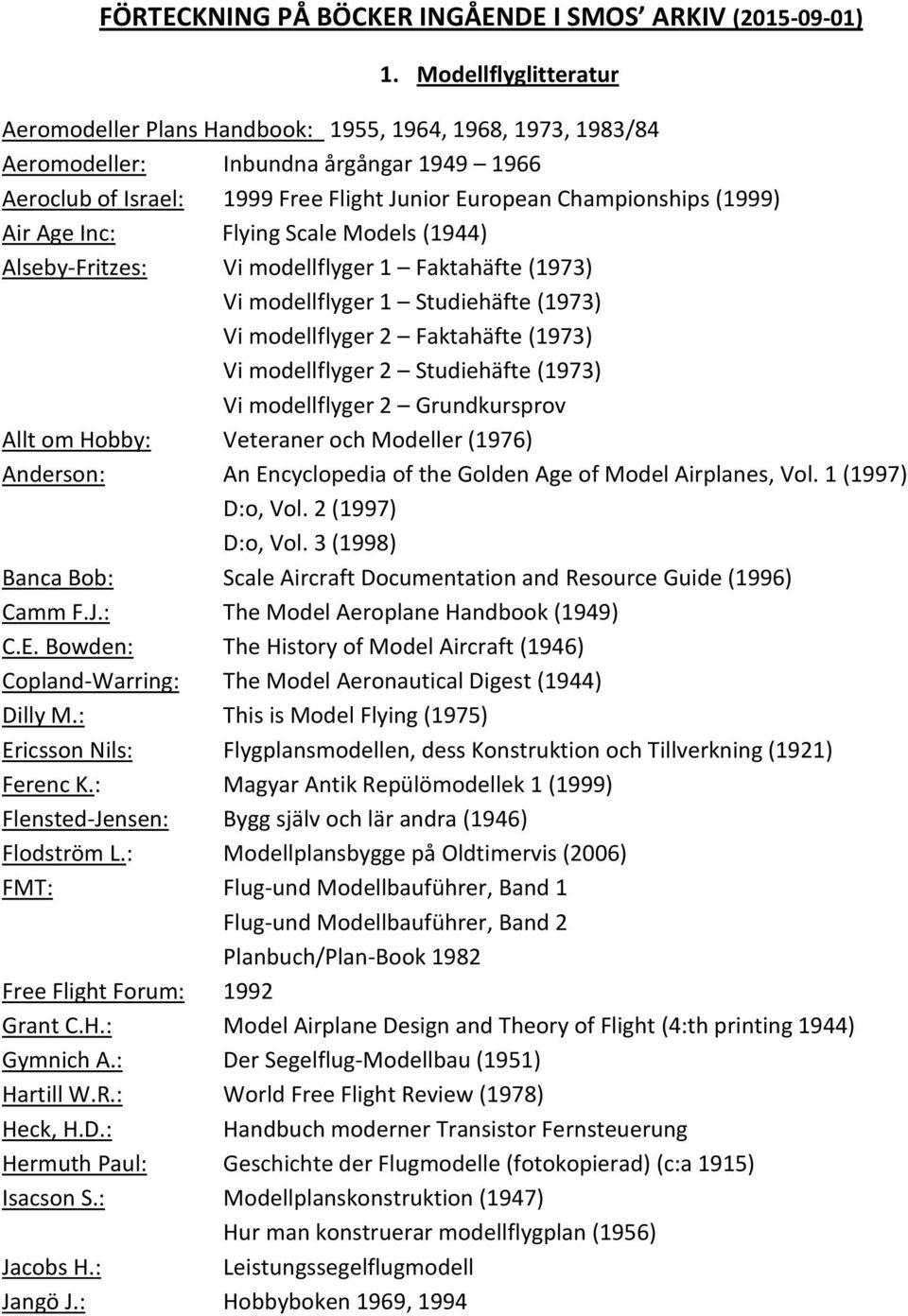 Air Age Inc: Flying Scale Models (1944) Alseby-Fritzes: Vi modellflyger 1 Faktahäfte (1973) Vi modellflyger 1 Studiehäfte (1973) Vi modellflyger 2 Faktahäfte (1973) Vi modellflyger 2 Studiehäfte